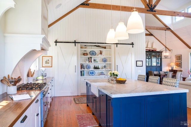 kitchen featuring high vaulted ceiling, stainless steel stove, a barn door, and light wood finished floors
