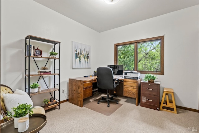 office with baseboards and carpet flooring