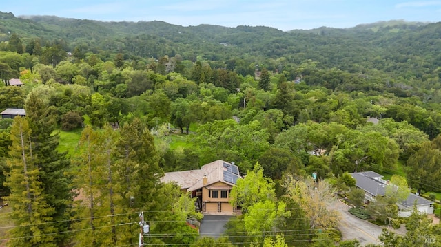 drone / aerial view featuring a mountain view and a view of trees