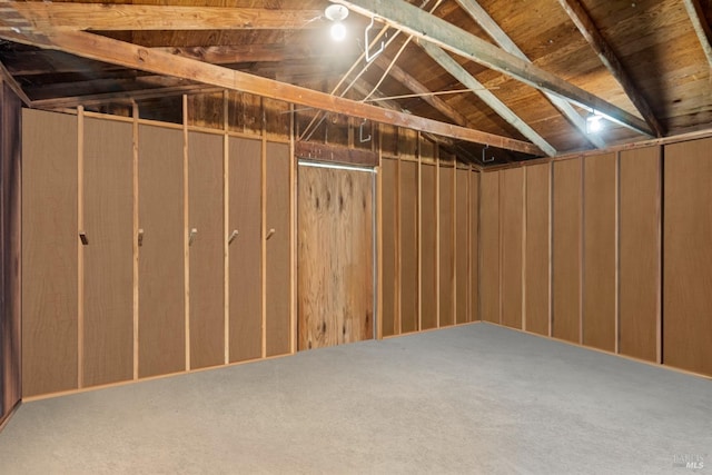 below grade area featuring carpet flooring and wood walls