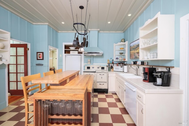 2410 S Fitch Mountain Rd, Healdsburg, CA 95448 - kitchen featuring white appliances, light floors, open shelves, a sink, and premium range hood