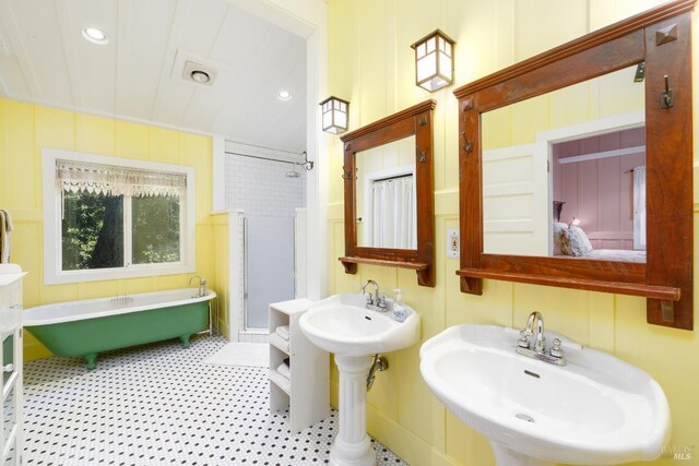 2410 S Fitch Mountain Rd, Healdsburg, CA 95448 - bathroom with a sink, a decorative wall, a soaking tub, recessed lighting, and a stall shower