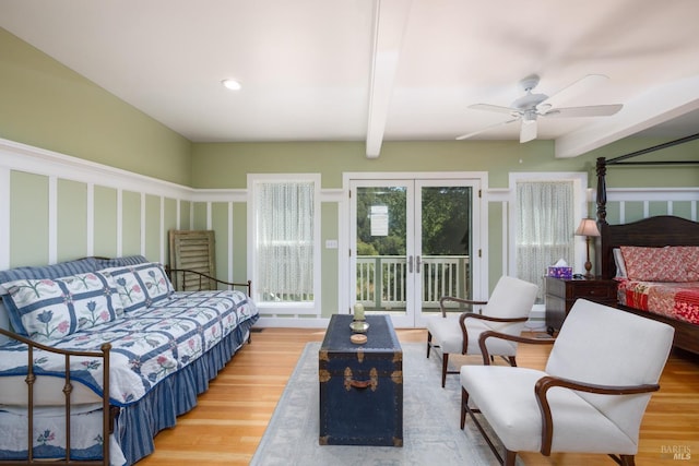 2410 S Fitch Mountain Rd, Healdsburg, CA 95448 - bedroom featuring access to outside, wood finished floors, beamed ceiling, and ceiling fan