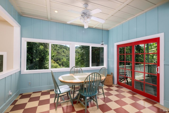 2410 S Fitch Mountain Rd, Healdsburg, CA 95448 - dining space featuring a decorative wall, tile patterned floors, and ceiling fan
