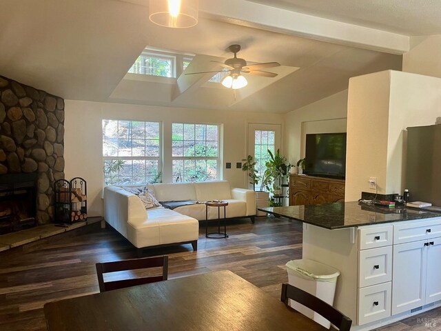 2032 Goose Rd, Willits, CA 95490 - living area with plenty of natural light, a ceiling fan, dark wood-type flooring, and a fireplace