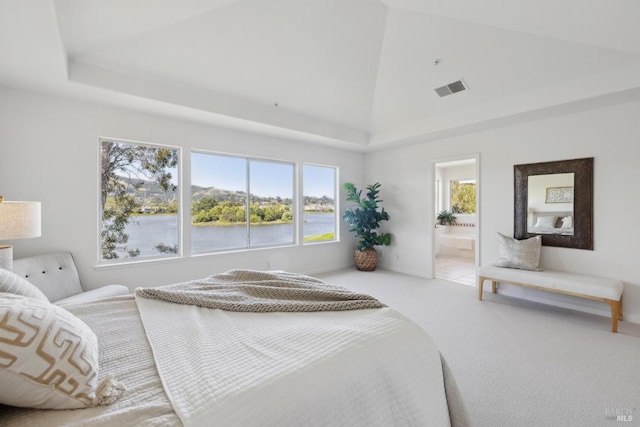 bedroom with connected bathroom, carpet flooring, multiple windows, and visible vents