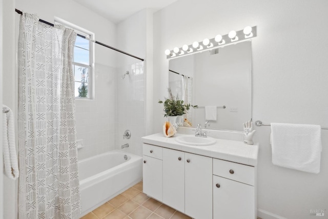 full bathroom with tile patterned floors, vanity, and shower / bathtub combination with curtain