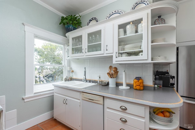 55 Sunshine Ave, Sausalito, CA 94965 - kitchen with open shelves, white dishwasher, a sink, freestanding refrigerator, and crown molding
