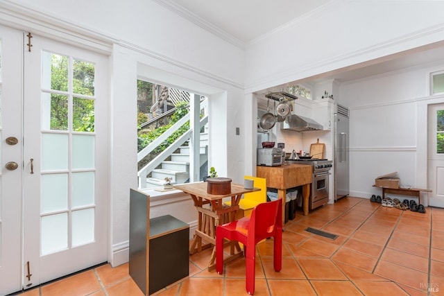 55 Sunshine Ave, Sausalito, CA 94965 - dining area with stairway, light tile patterned floors, visible vents, and crown molding