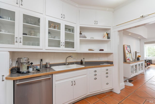 55 Sunshine Ave, Sausalito, CA 94965 - bar featuring tasteful backsplash, light tile patterned floors, dishwasher, a sink, and ornamental molding