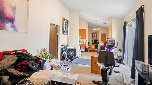 carpeted living room featuring visible vents and vaulted ceiling