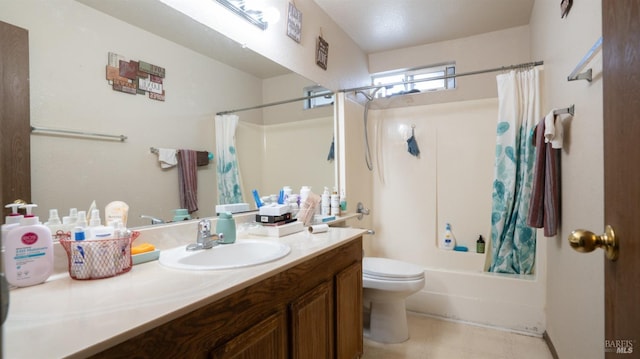 full bath with toilet, shower / bathtub combination with curtain, and vanity