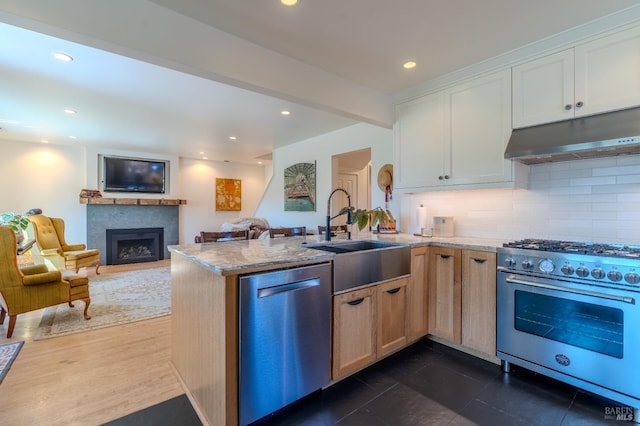 kitchen featuring a sink, appliances with stainless steel finishes, under cabinet range hood, backsplash, and light stone counters