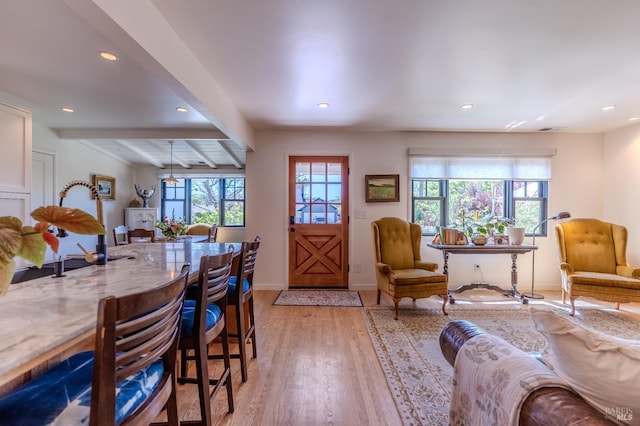interior space featuring baseboards, recessed lighting, visible vents, beam ceiling, and light wood finished floors