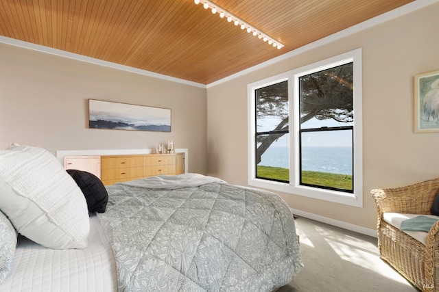 bedroom featuring rail lighting, baseboards, wooden ceiling, and carpet floors