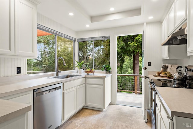 1009 Tilton Rd, Sebastopol, CA 95472 - kitchen with stainless steel appliances, a sink, under cabinet range hood, white cabinetry, and recessed lighting