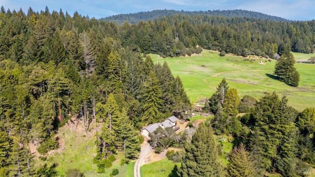 birds eye view of property featuring a wooded view
