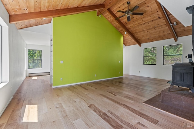 living area featuring a baseboard radiator, wooden ceiling, a wood stove, and beamed ceiling