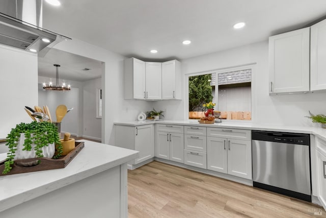 kitchen featuring white cabinets, dishwasher, recessed lighting, and light wood-style flooring