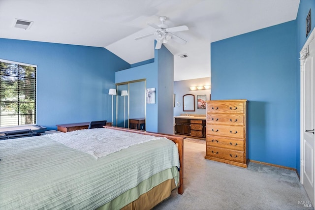 7350 Rasmussen Way, Rohnert Park, CA 94928 - carpeted bedroom featuring vaulted ceiling, visible vents, a closet, and ceiling fan