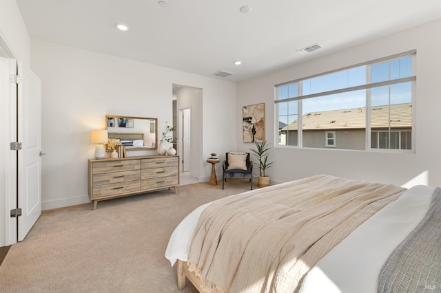 bedroom featuring baseboards, visible vents, carpet, and recessed lighting