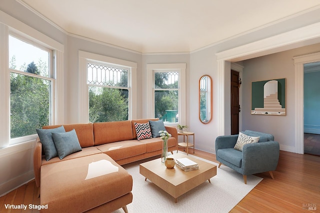 living area featuring plenty of natural light, baseboards, wood finished floors, and ornamental molding