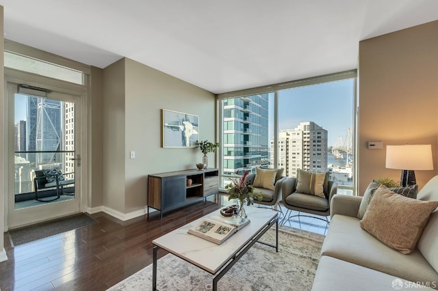 living room featuring wood finished floors, a city view, baseboards, and expansive windows