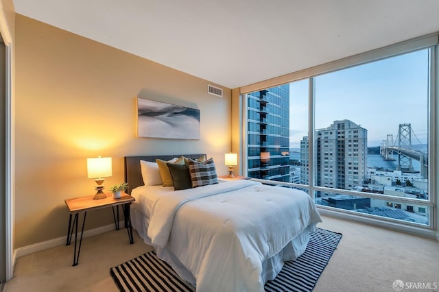 bedroom featuring carpet flooring, baseboards, a city view, and expansive windows