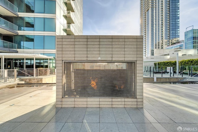 detailed view of a fireplace and a view of city