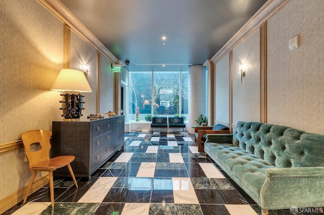 community lobby featuring ornamental molding