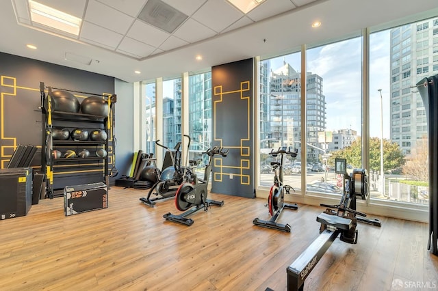 workout area featuring floor to ceiling windows, a city view, wood finished floors, and a paneled ceiling