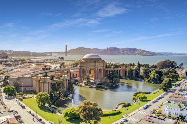 bird's eye view of a water and mountain view and a notable bridge