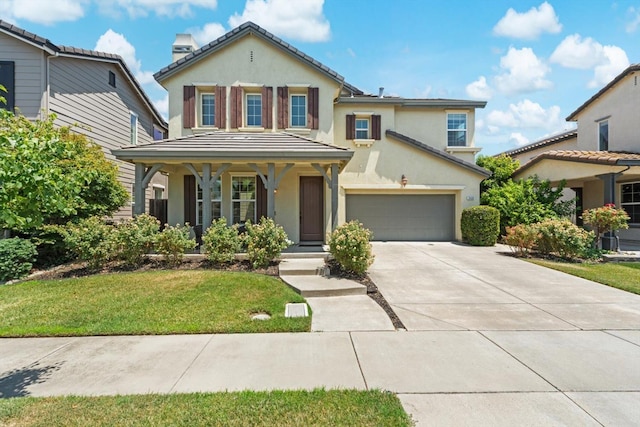 2468 Goehring Dr, Lodi, CA 95242 - traditional-style house with stucco siding, a front lawn, driveway, and covered porch