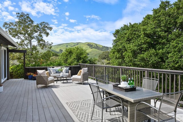 15 Manor View Dr, Fairfax, CA 94930 - wooden deck featuring outdoor lounge area, outdoor dining space, and a mountain view