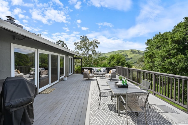 15 Manor View Dr, Fairfax, CA 94930 - wooden terrace with an outdoor hangout area, a mountain view, outdoor dining space, and grilling area