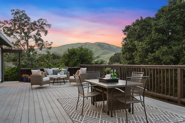 15 Manor View Dr, Fairfax, CA 94930 - wooden deck featuring an outdoor living space, outdoor dining space, and a mountain view