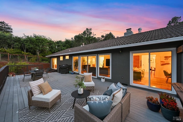 15 Manor View Dr, Fairfax, CA 94930 - wooden terrace featuring fence, an outdoor hangout area, area for grilling, and outdoor dining space