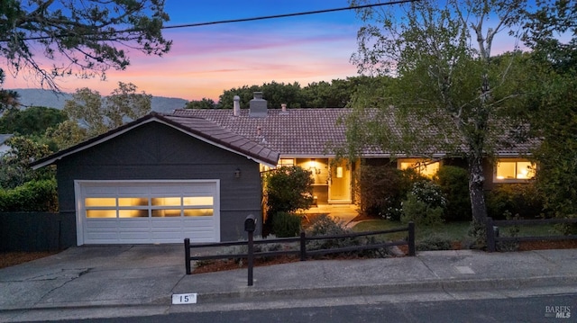 15 Manor View Dr, Fairfax, CA 94930 - single story home featuring driveway, a chimney, a tile roof, and an attached garage