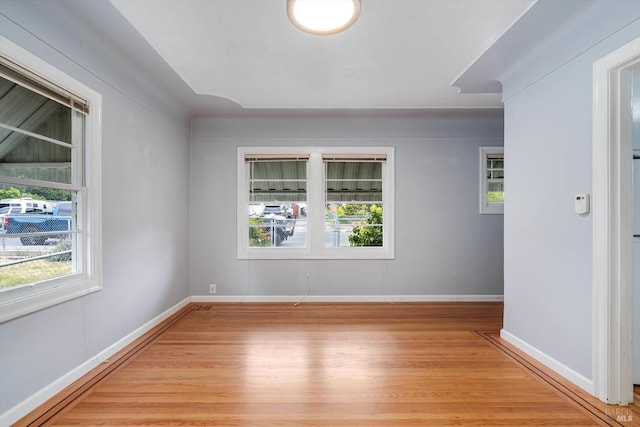 spare room with baseboards, a healthy amount of sunlight, and light wood-style floors