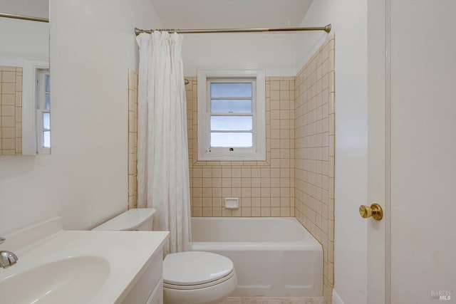 bathroom with tile patterned flooring, toilet, vanity, and shower / bathtub combination with curtain