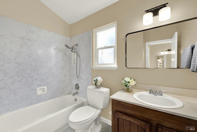 full bath with vaulted ceiling, toilet, vanity, and shower / tub combination