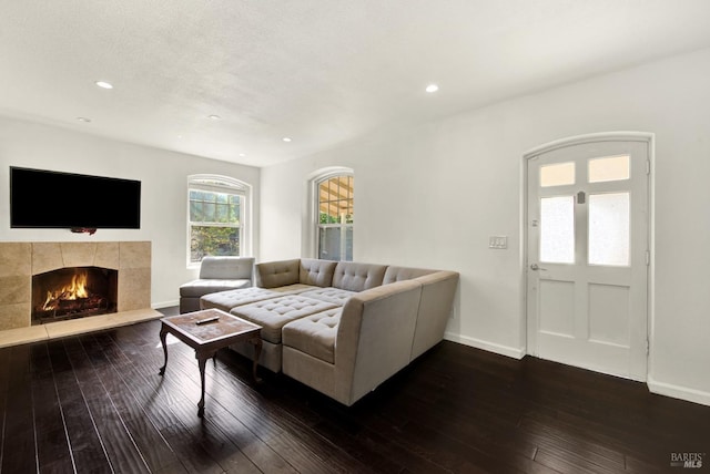 living area featuring a fireplace, hardwood / wood-style floors, baseboards, and recessed lighting