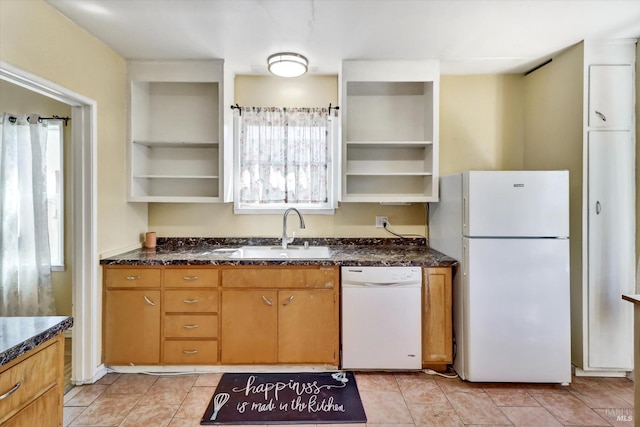 1467 Ohio St, Vallejo, CA 94590 - kitchen featuring white appliances, open shelves, a sink, and dark stone countertops