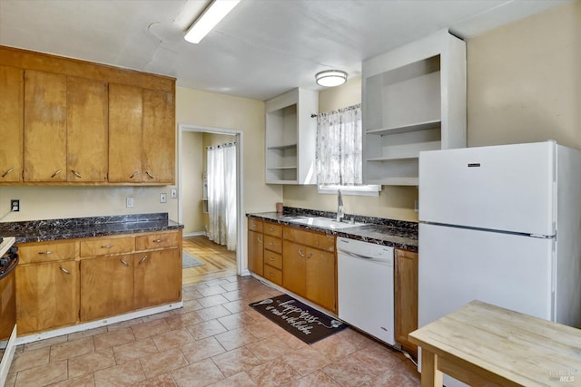 1467 Ohio St, Vallejo, CA 94590 - kitchen featuring open shelves, white appliances, a sink, and brown cabinets