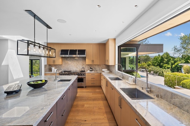 kitchen featuring light brown cabinetry, a sink, stainless steel stove, and tasteful backsplash