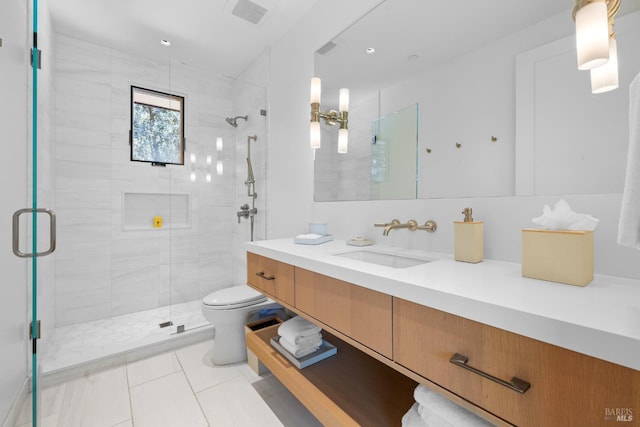 bathroom with a shower stall, visible vents, tile patterned flooring, and toilet