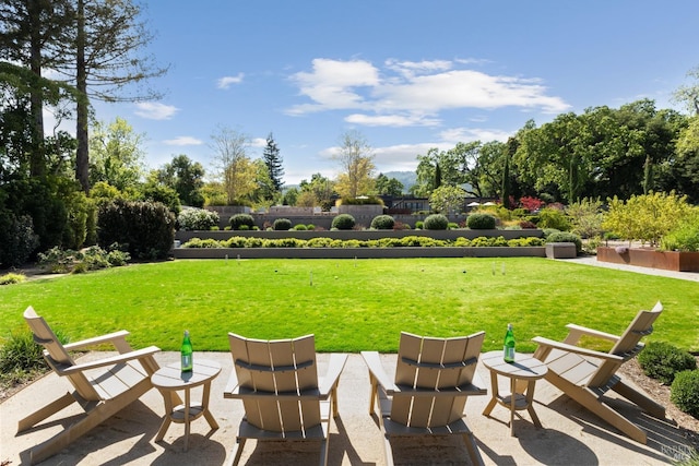 view of yard with a patio area and a fire pit