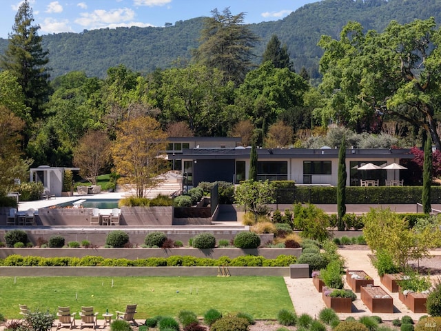 view of community featuring a yard and a mountain view