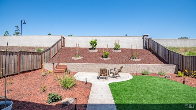 view of yard featuring a fenced backyard and a patio