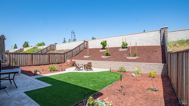 view of yard with a fenced backyard and a patio